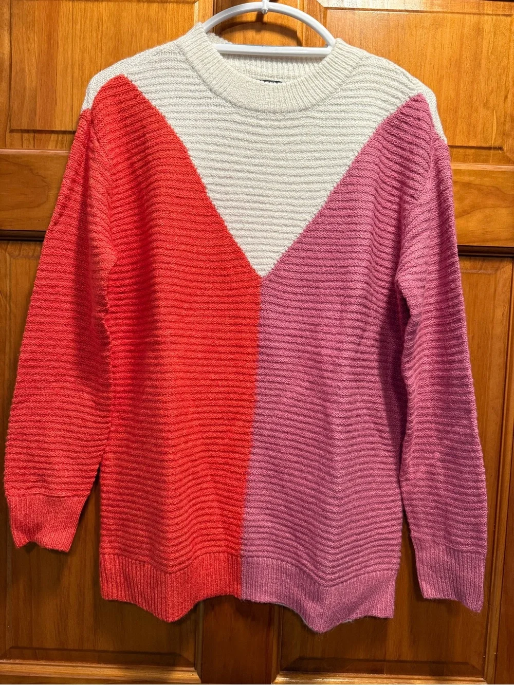 Staccato Colorblock Crewneck Sweater in Red, Pink & Cream